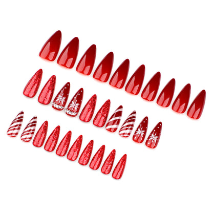 Christmas Candy Stripe Wear Nail Snowflake Manicure Fake Nails Rhinestone Sequins Can Be Repeated Nail Tip Finished Product Wholesale