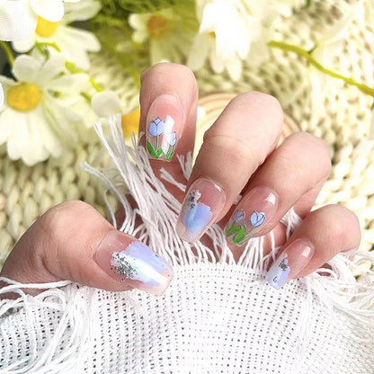 Ice Blue Tulip Hand-Painted Graffiti Short Nail Stickers Reusable Fake Nails Handmade Wear Nail Wholesale