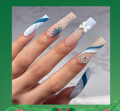 Europe and America Cross Border Christmas Wear Nail Snowflake Three-Dimensional Bow Manicure Fake Nails French Rectangle Nail Tip Wholesale