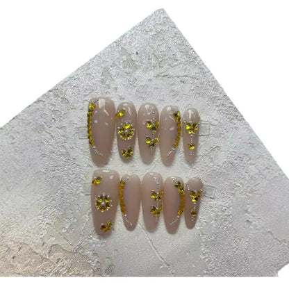 Handmade Wear Nail Internet Celebrity Hot Summer Classic Nude Golden Wheat Elegant High-Grade Long Manicure