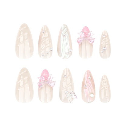 Sweet French Pink Wear Armor3D Pearl Nail Beauty Fake Nails Stereo Bow Nail Tip fake nails