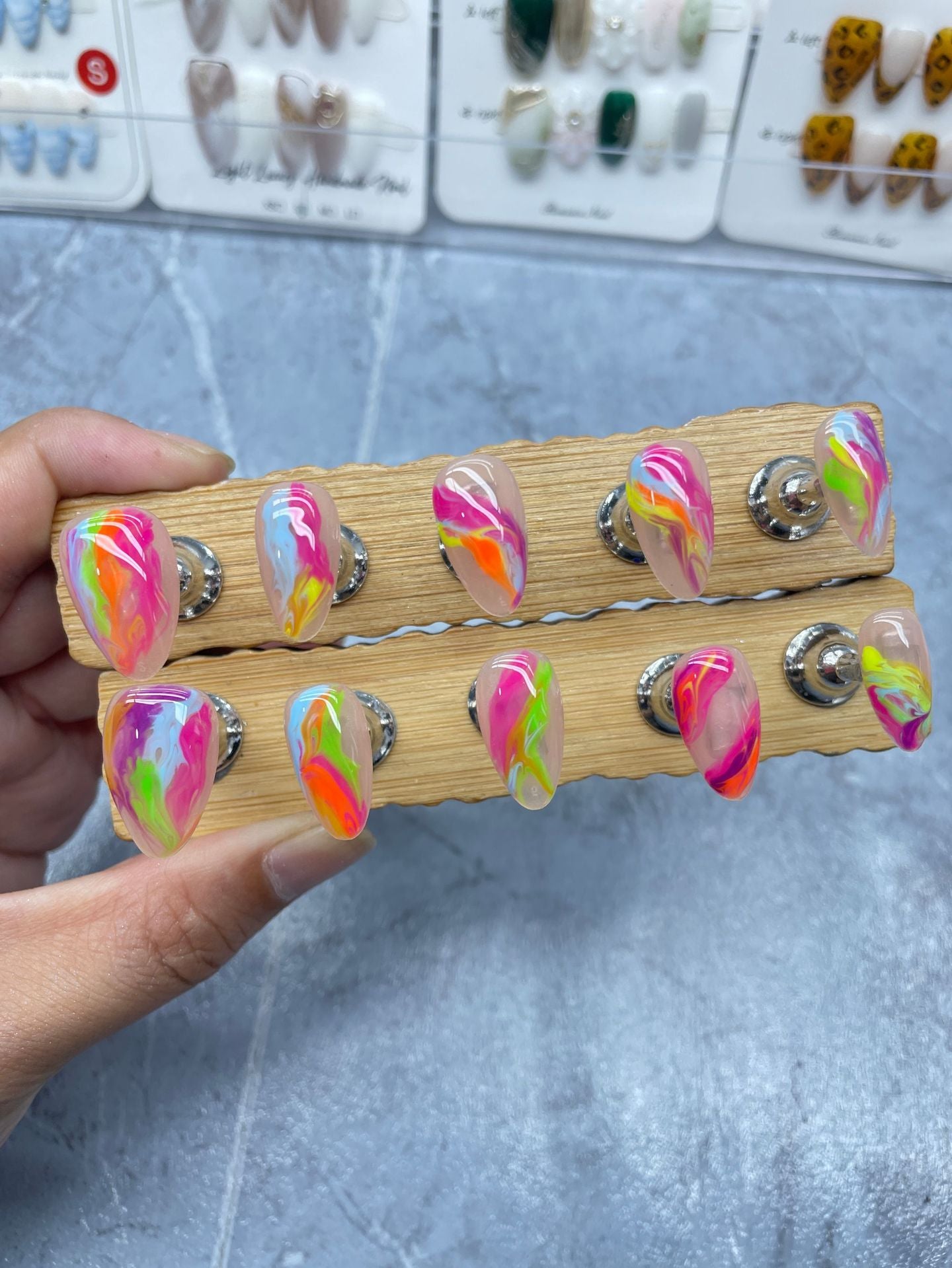 Europe and America Cross Border Hot Sale ins Wind Hand-Painted Color Dopamine Stripe Temperament Advanced Short Almond Nail Art