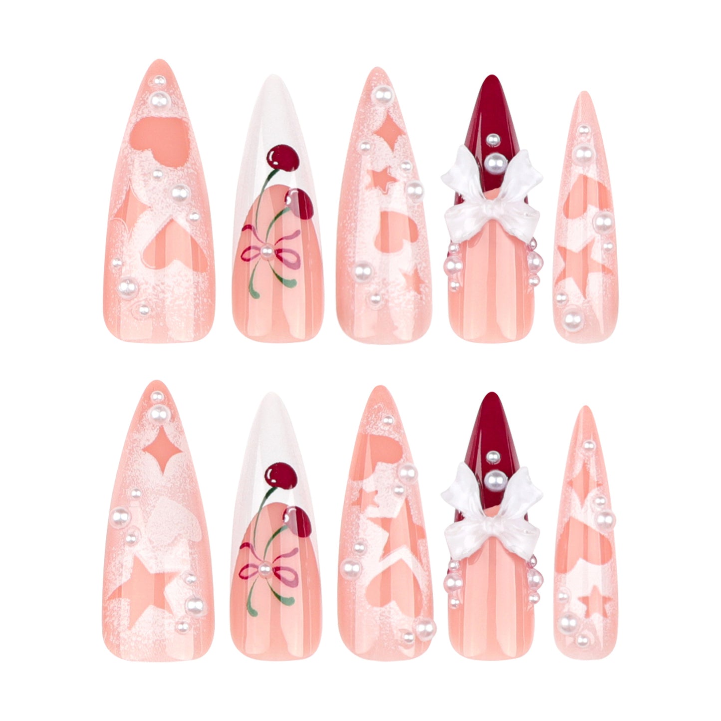 Cherry Pink French Wear Nail Three-Dimensional Bow Manicure Stars Heart Ultra-Long Pointed Wearable Nail Tip