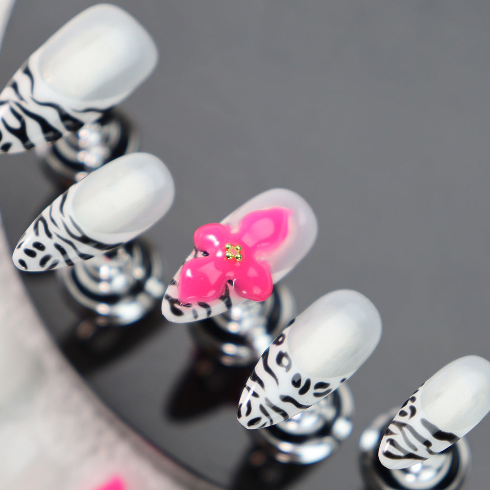 New Style Wear Armor Almond Luminous Simplicity Finished Nail Beauty Fluorescent Flower Zebra Pattern French Wear Armor Handmade