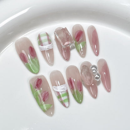 Watercolor Hand-Painted Tulip Hand-Worn Nail Ice Transparent Pure Desire Mid-Length Nail Stickers Sweet Cute Fake Nails