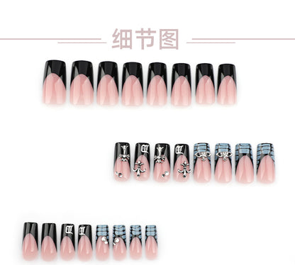 French Style Black Wear Nail Crocodile Pattern Nail Art Fake Nails Crock Heart Cross Nail Tip Square Nail Patch