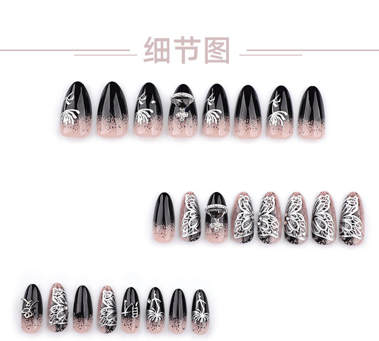 Hot Girl French Manicure Fake Nails Butterfly Wearable Nail Tip Almond Wearing Nail Rhinestone Planet Ring Nail Patch