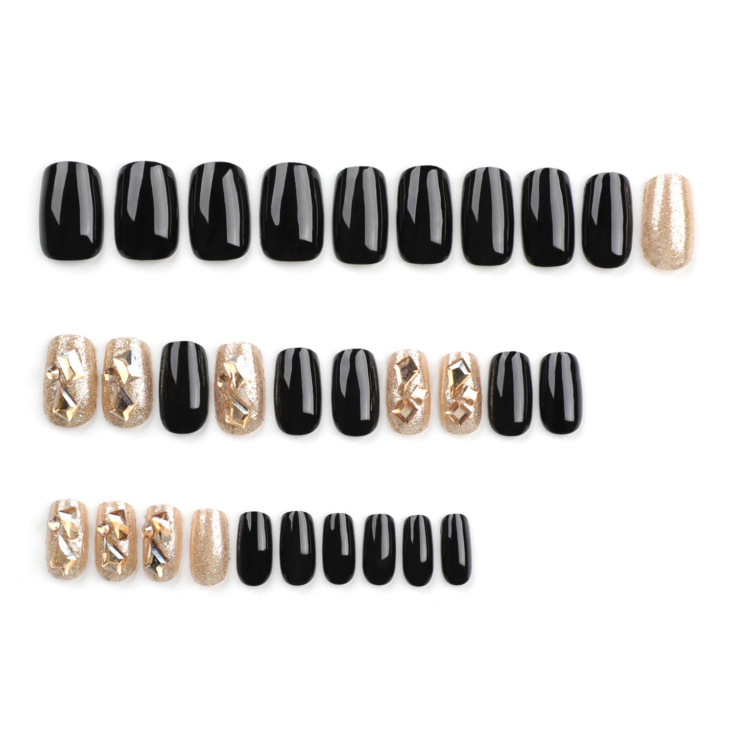 30Simple Pure Black Fake Nails Gold Glitter Wear Nail Polish Champagne Rhinestone Flash Manicure