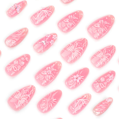 Sweet Pink Bow Flower Wear Nail Piece3D Love Nail Art Almond Type Fake Nails Nail Patch