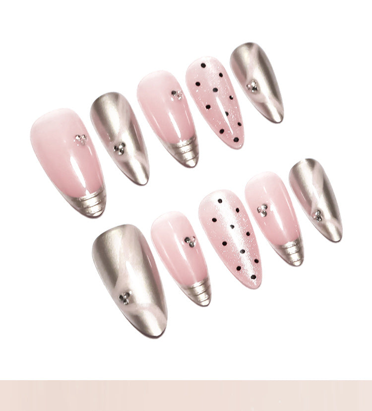 Internet Celebrity French Style3D Silver Magic Mirror Effect Powder Wear Nail Pink Sweet Cat Eye Nail Art Spot Drill Ribbon Fake Nails Nail Tip