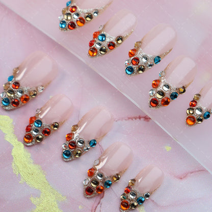 New Wear Armor Colorful Colorful Crystals Retro Style Plaid Driving to Cross-Border Supply Hand-Painted Fake Nail Stickers Can Be Wholesale