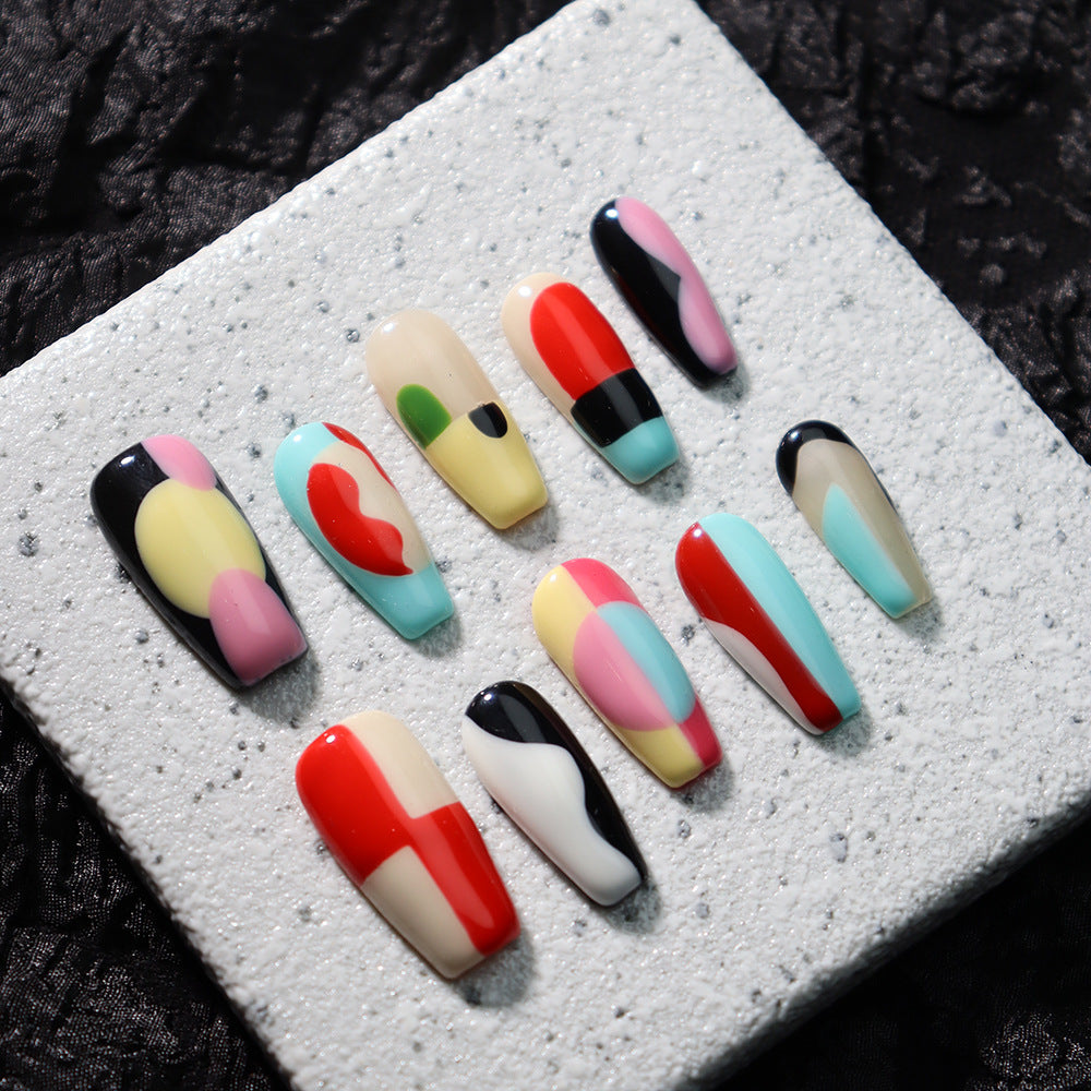 New Nail Beauty Patch European and American Advanced Handmade Hand-Painted Personality Y2K Hot Girl Dopamine Contrast Color Geometric Figure