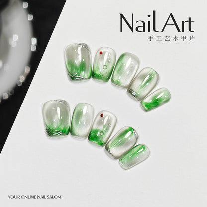 Handmade Wear Armor High-Grade White Blooming Green Cute Short Nail Stickers Handmade Fake Nail Tip Wholesale