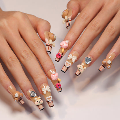 Cartoon Cute Bear Manicure French Plaid Fake Nails Three-Dimensional Bow Brown Wear Wearable Nail Tip Wholesale