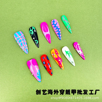 Pure Hand Drawing Flame Handmade Wear Nail Tip High-Grade Summer Contrast Color Long Pointed Cross-Border Handmade Nail Stickers