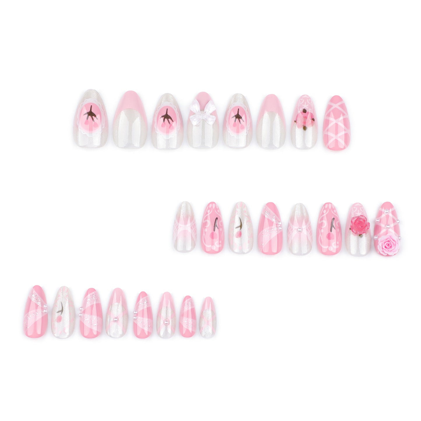 French Cute Girl Pink Nail Art Three-Dimensional Flower Wear Nail Tulip Ribbon Fake Nails Nail Tip Finished Product Wholesale