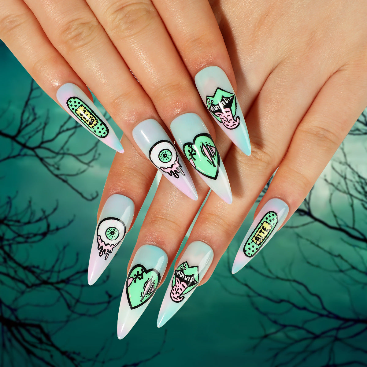 Wear Nail Finished Product Halloween Manicure Starry Sky Blooming Green Heart Eyeballs Lips Nail Sticker Removable