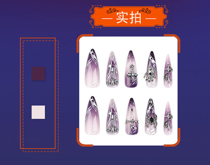 Halloween Cool Wear Nail French Flame Cross Manicure Purple Smudges Spider Nail Tip Finished Product Wholesale