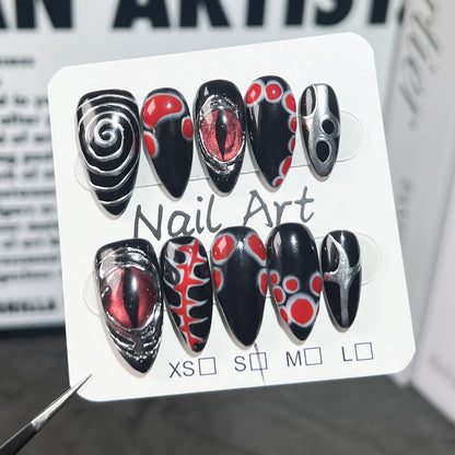 【Dyed Nail】Handmade Wear Nail Blood Spirit Pupil Dark Personality Creative Cool Style European and American Almond Nail Wholesale