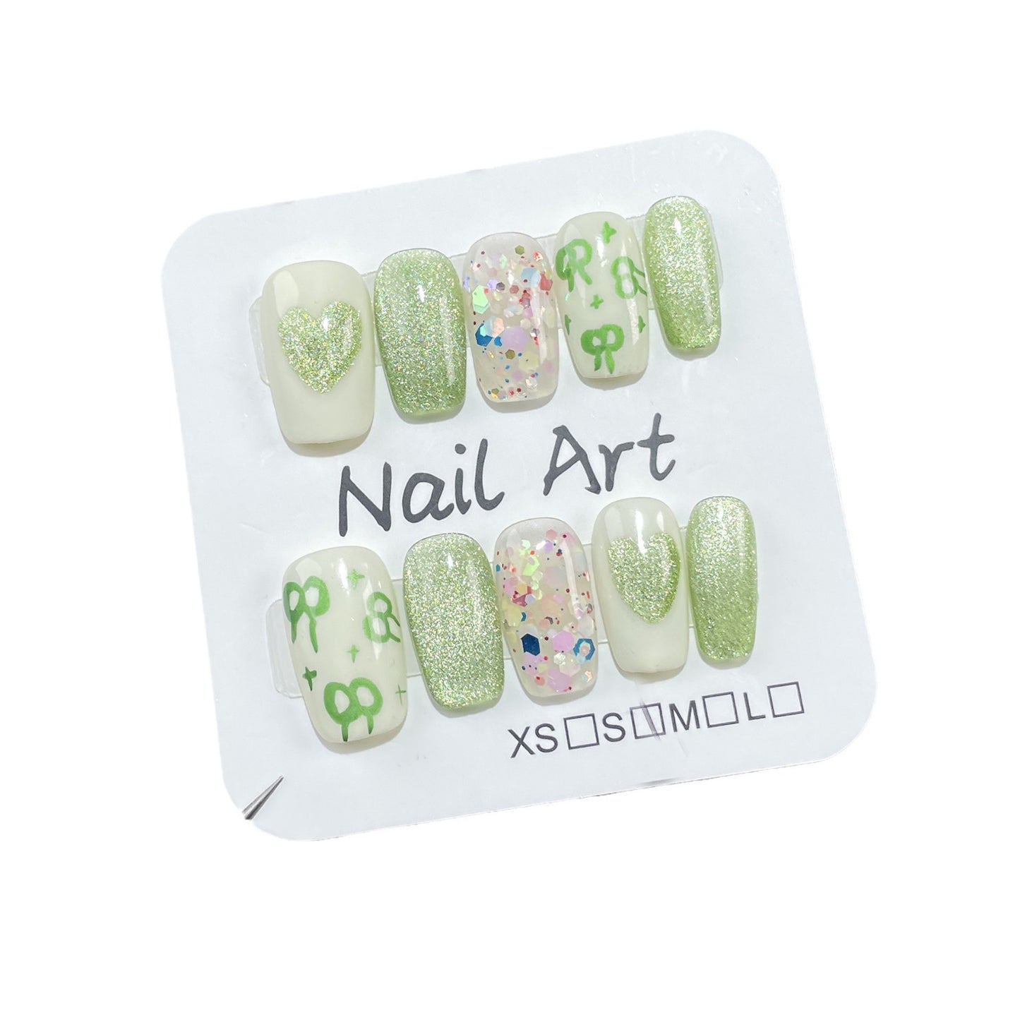 Spring and Summer New Nail Beauty Green Cat's Eye Cute Hand-Painted Bow Hand-Worn Armor Wearable Nail Sticker Wholesale