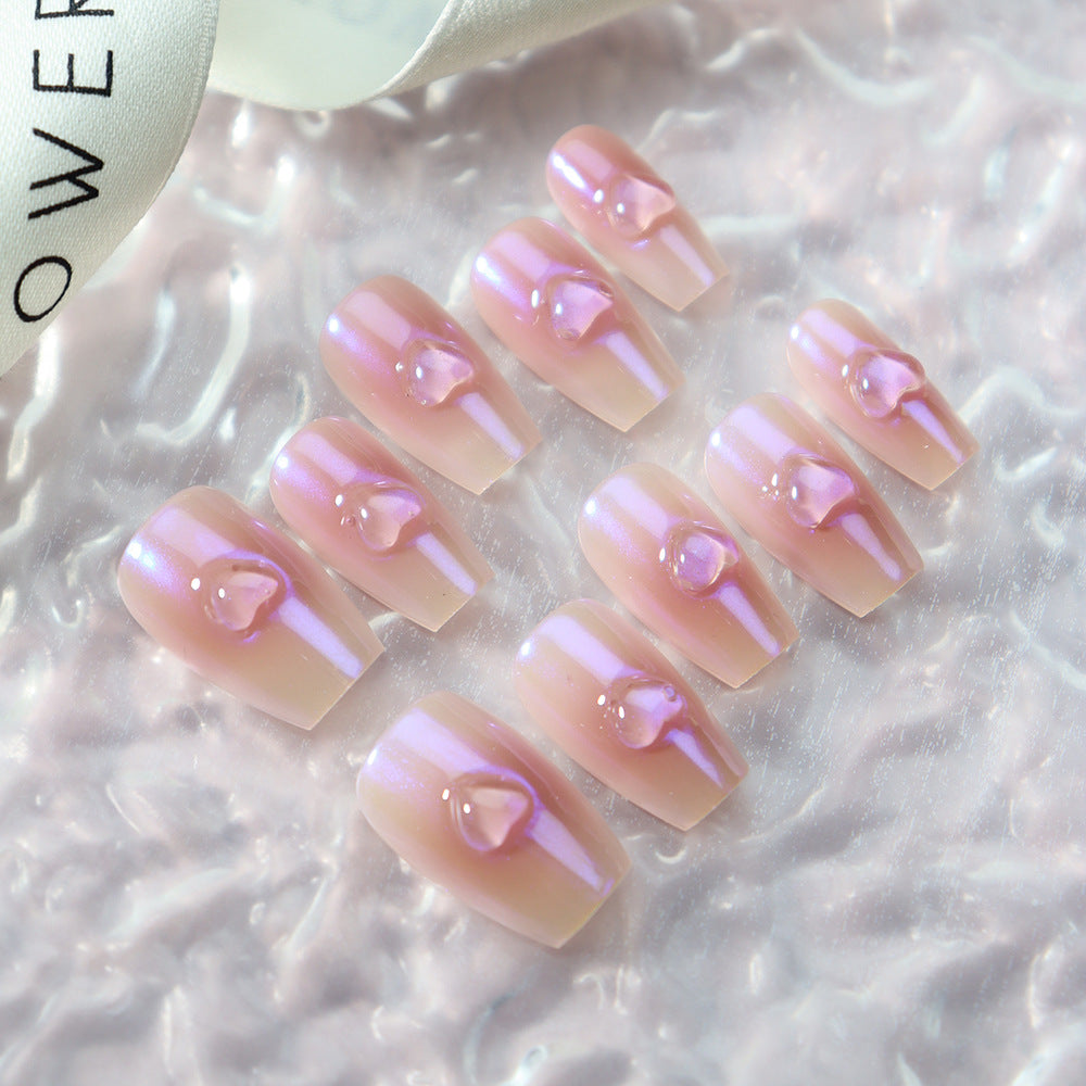 Sweet Hot Girl Gradient Love Handmade Wear Nail Ice Transparent Three-Dimensional Bridal Phototherapy Finished Manicure with Jelly Glue