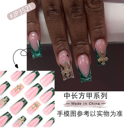 French Green Blooming Manicure Fake Nail Tip Nail Tip Gold Spot Drill Luxury Cross Wear Nail European and American Foreign Trade Nail Tip