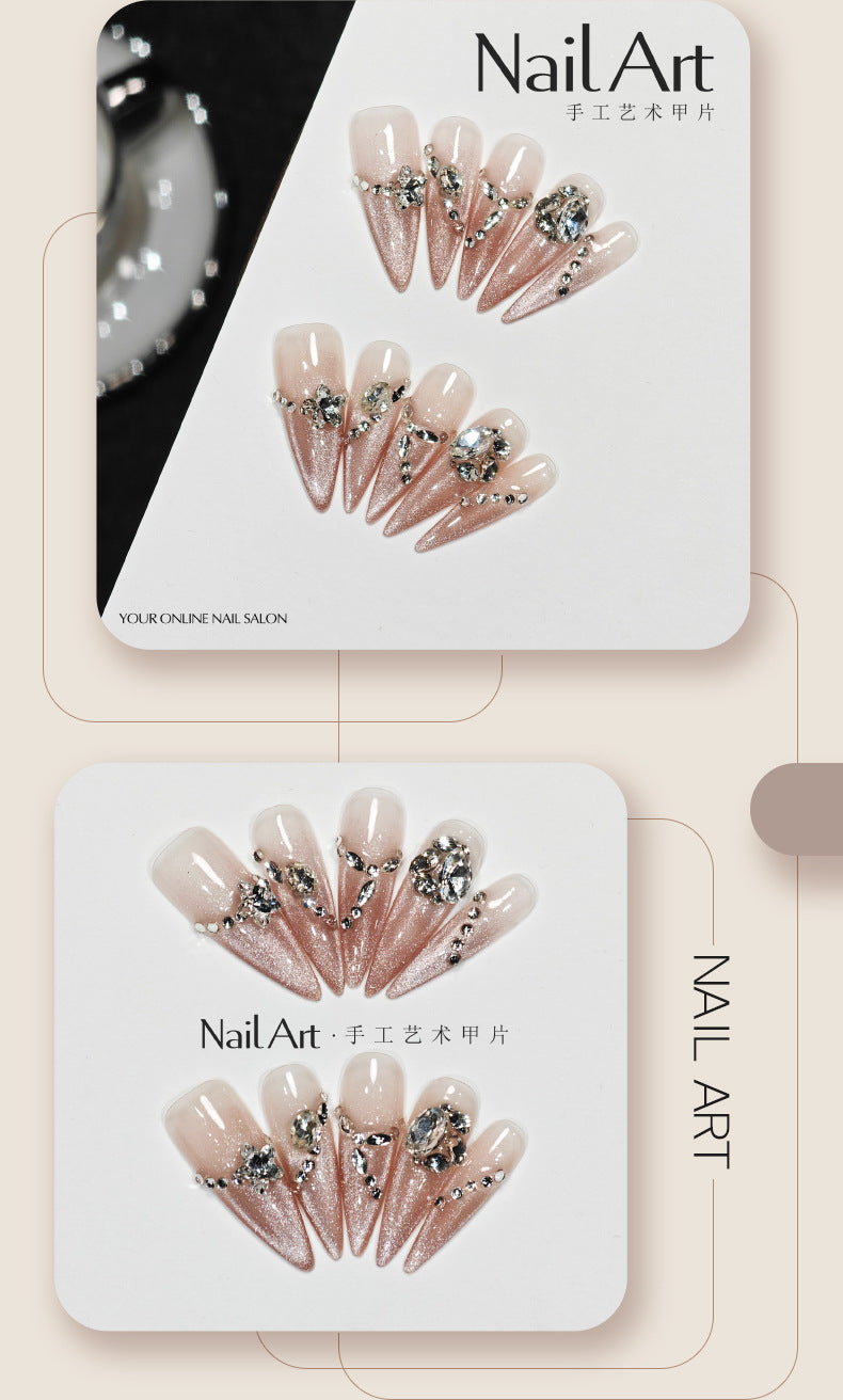 Handmade Wear Armor High-Grade Ice Transparent White Cat Eyes Long Pointed Nail Stickers Handmade Fake Nail Tip Wholesale