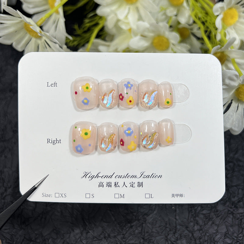 Summer Fresh Hand-Painted Small Flower Aurora Light Diamond Short Nail Stickers Fake Nails Handmade Pure Wear Nail Wholesale