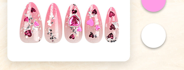 Pink Gradient Wear Nail Polish Piece Love Gem Glitter Nail Sticker Light Luxury Silver Paillette Nail Patch Wholesale