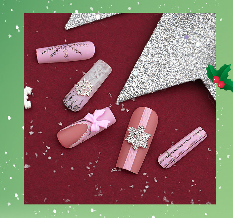 Super Long Water Pipe Nail Fake Nails Pink Sweet Tridimensional Bow Christmas Wear Nail French Snowflake Nail Tip