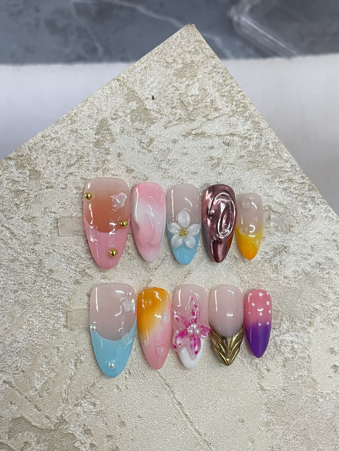 Cross-Border Hot Selling Popular Blooming Hand-Painted Three-Dimensional Carved White Elegant High-Grade Mid-Length Manicure