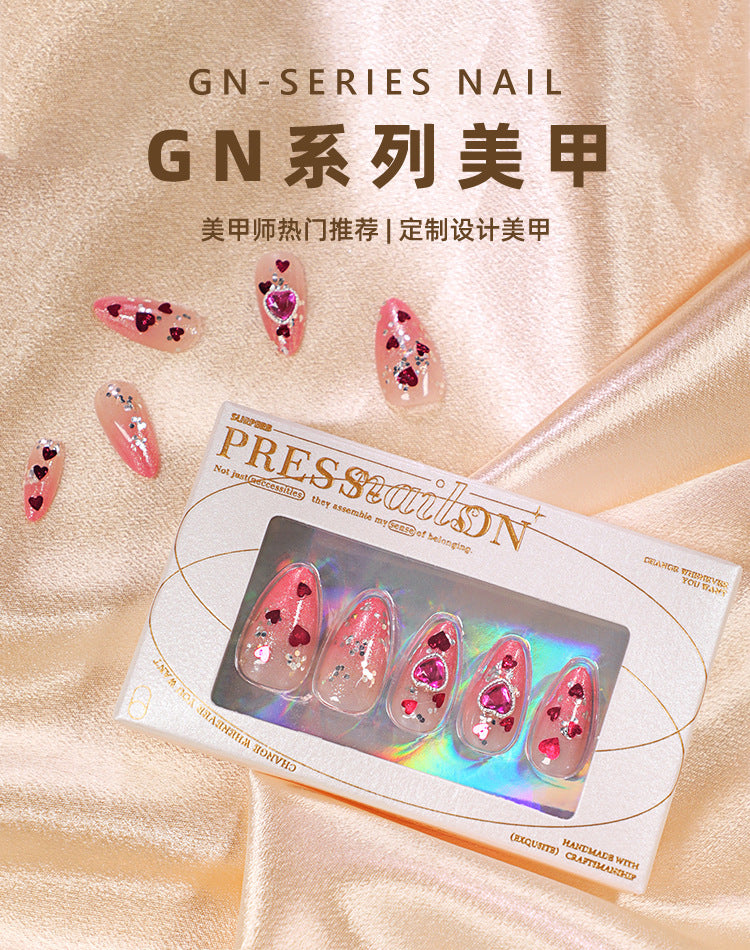 Pink Gradient Wear Nail Polish Piece Love Gem Glitter Nail Sticker Light Luxury Silver Paillette Nail Patch Wholesale