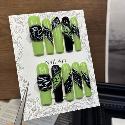 Cross-Border European and American Long Water Pipe Handmade Wear Nail Manicure Green Leopard Print Chain Hand-Painted Removable Nail Stickers