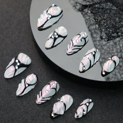 New Wear Armor ins Wind Laser Magic Color Pile Glue Black Lines European and American Hot Girl Style Handmade Manicure Fake Nail Tip