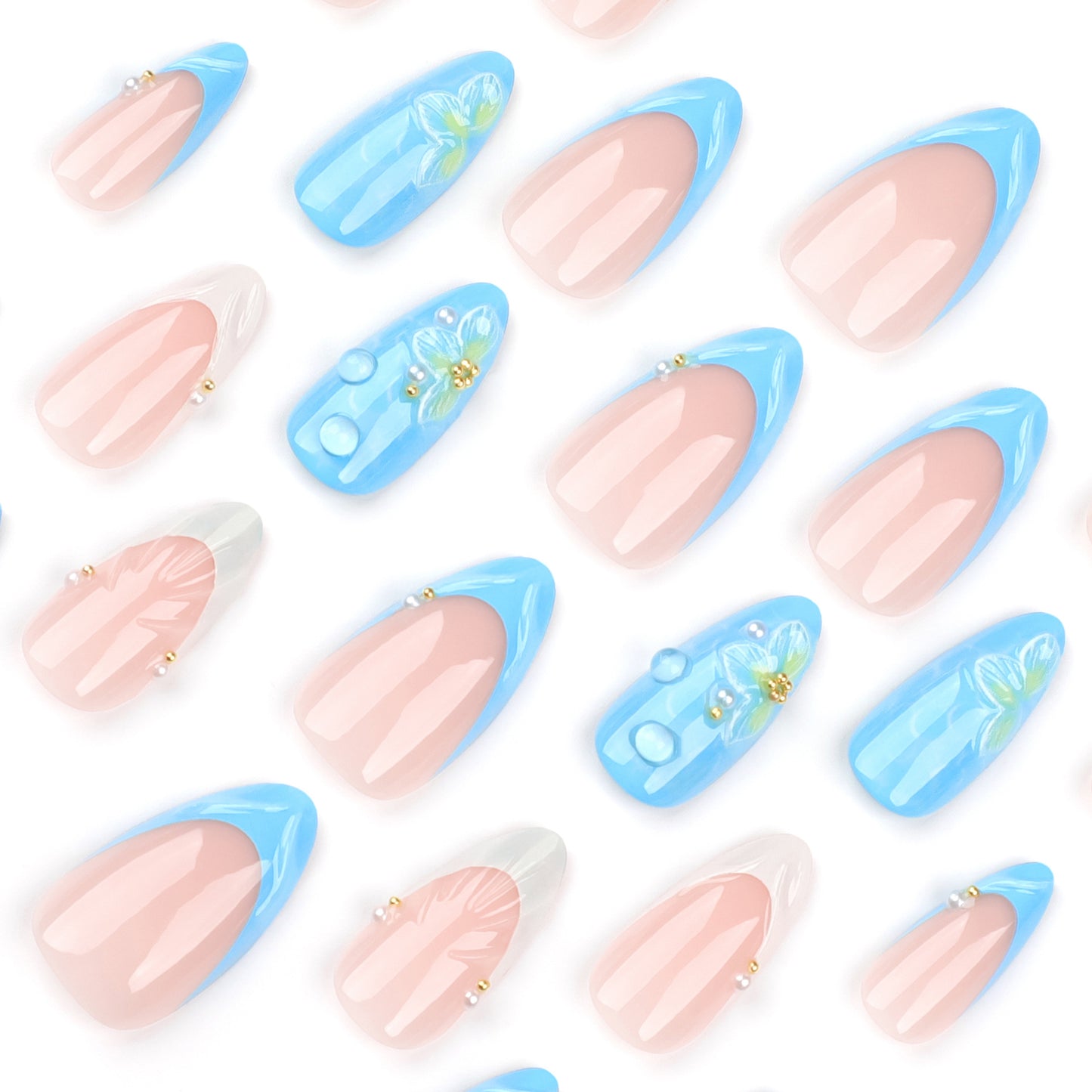 3D Three-Dimensional Shell Water Drop Wear Nail French Blue White Manicure Fake Nails Short Almond Flower Nail Tip