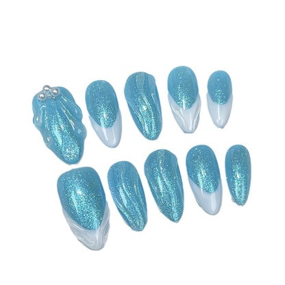 Mermaid European, American and French Style Almond Nail Simple Ocean Blue Shell Pattern Atmosphere Handmade Wear Nail