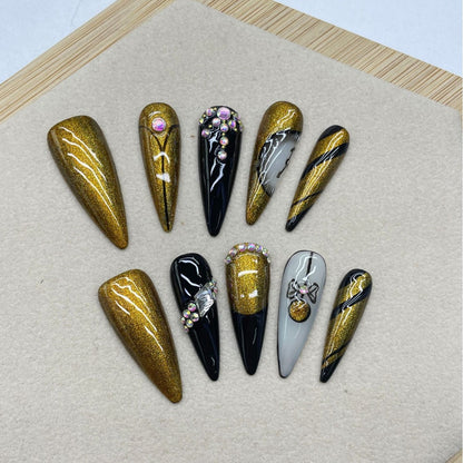 European and American Style Hot Selling Long Pointed Hand-Worn Nail Hand-Painted Clock Elegant White Hot Girl Manicure