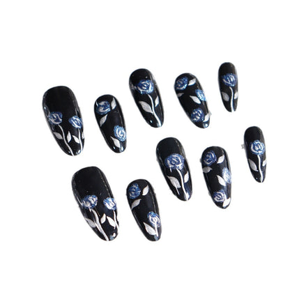 New Dark Night Rose Hand-Painted Elegant Hand-Worn Armor Black Oval Dark Knight Fake Nail Tip UV Nail Beauty