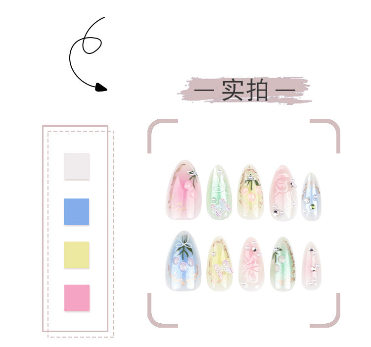 Summer Little Fresh Flower Wear Manicure Butterfly Blooming Fake Nails Short Almond Type Nail Tip Wear Nail Wholesale