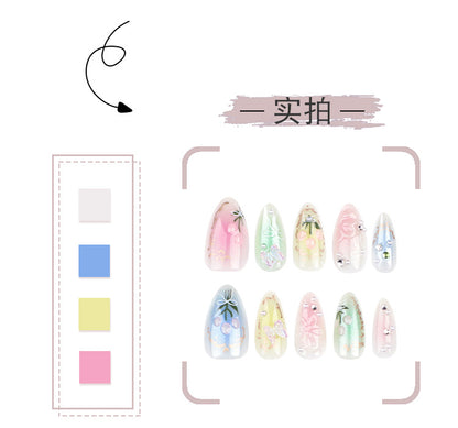 Summer Little Fresh Flower Wear Manicure Butterfly Blooming Fake Nails Short Almond Type Nail Tip Wear Nail Wholesale