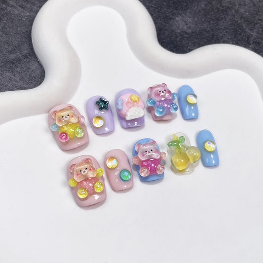 Hand-Worn Nail Cute Hugging Bear Milk Huhoo Bear Short Finished Nail Beauty Patch Wearable Nail Sticker