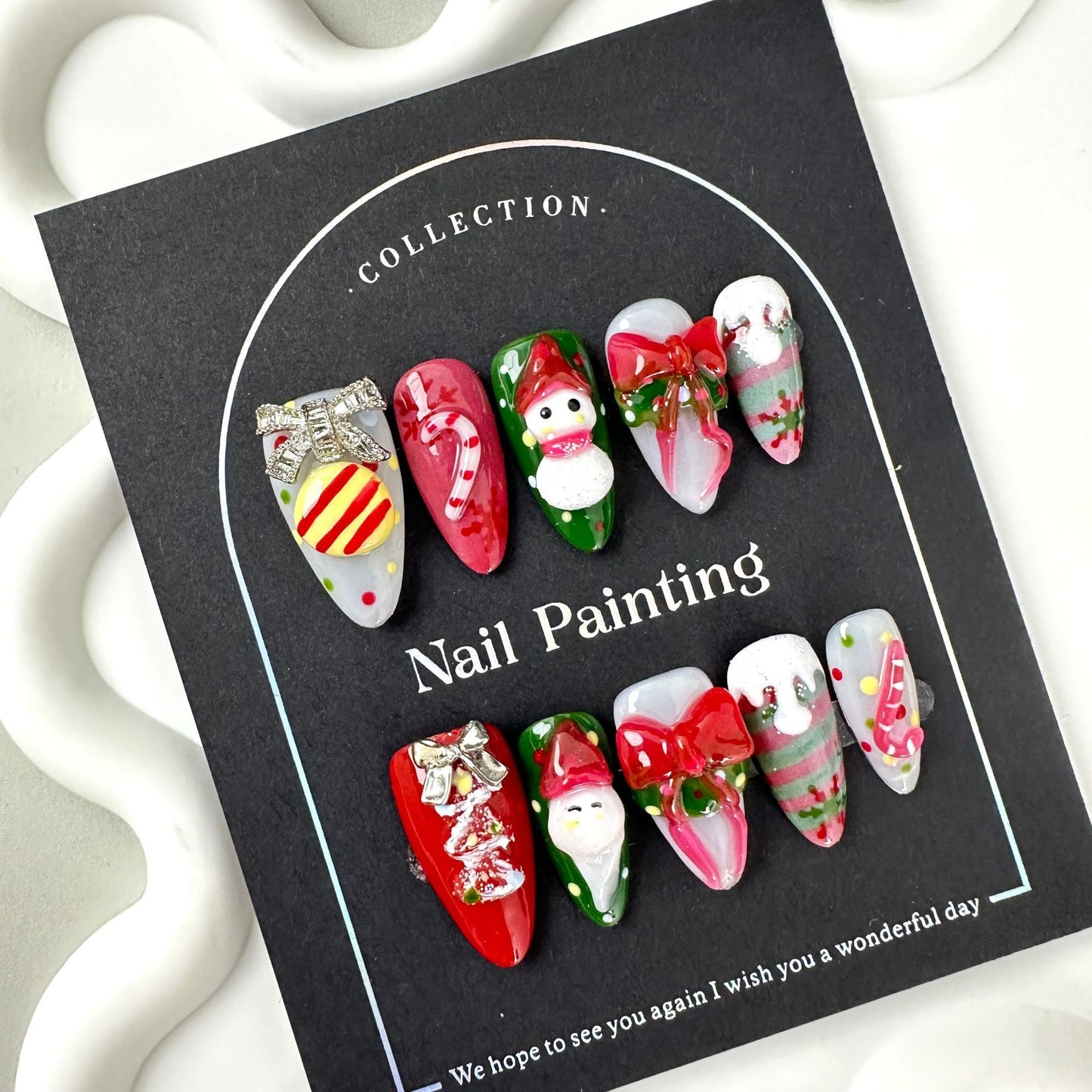 European and American Short Almond Nail Christmas Handmade Painted Beautiful White Temperament Wear Nail Factory Wholesale Mid-Length