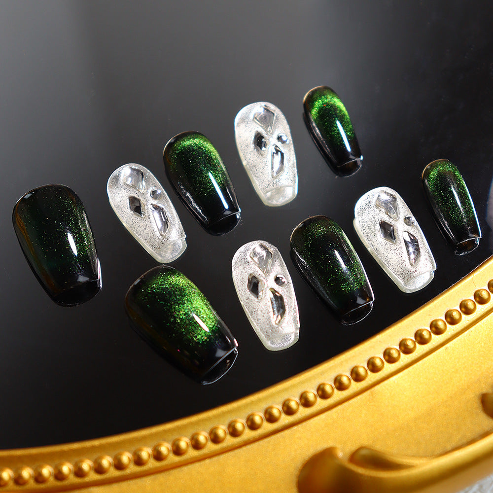 Senior Emperor Green Cat Eye Wear Nail Firefly with Diamond Simple Fashion Manicure European and American Green Phantom Quartz Handmade Manicure