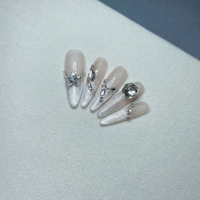 Ice Transparent Gradient Thin and Glittering Cat's Eye Fresh Carbink Pink Apricot Cloud Yarn Long Almond Wear Nail Tip Nail Pure Desire Style Nail Sticker