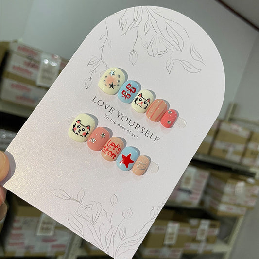 Handmade Wear Nail Cute Hand Painted Hello Kitty Short round Bean Nail Girl Cartoon Hand Painted kitty Nail stickers