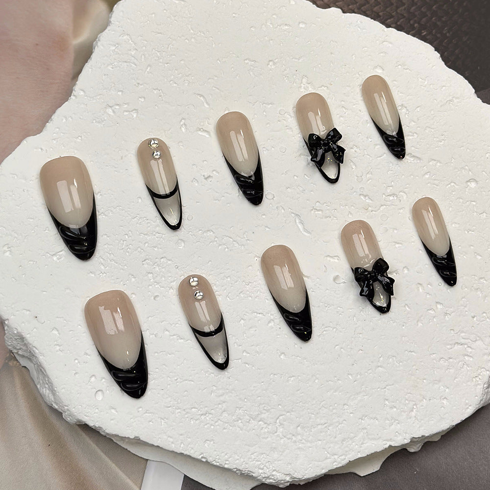 Cross-Border New Handmade Phototherapy Wear Nail Wholesale Almond Nail-Shaped French Style3D Three-Dimensional Caramel Nail Tips Finished Product