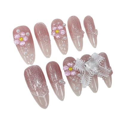 Handmade Wear Nail Sweet Cute Ice Transparent Small Flower Finished Nail Beauty Patch Gradient Cat Eye Long Fake Nails Wholesale