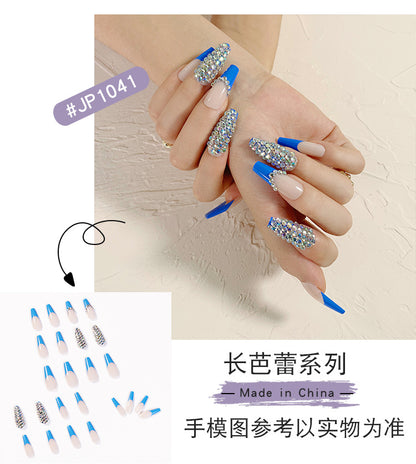 Blue French Full Diamond presson nail Wear Finished Nail Beauty Fake Nails Detachable Nail Stickers Exclusive for Cross-Border