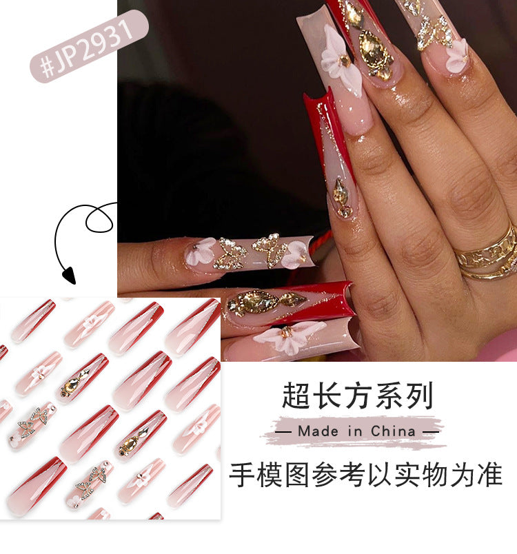 Ultra-Long Square Wear Armor Gold Three-Dimensional Butterfly Rhinestone Manicure Red French Removable Fake Nails Nail Tip