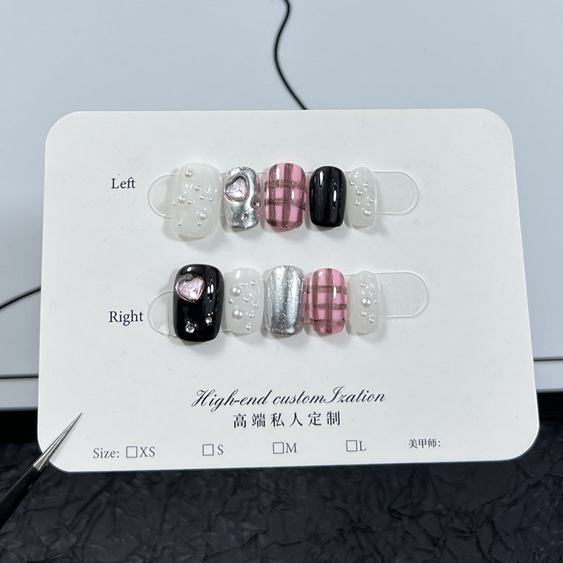 Love Light Diamond Hand-Painted Plaid White High Sense Nail Stickers Handmade Wear Nail Xiaohongshu Same Style Manicure